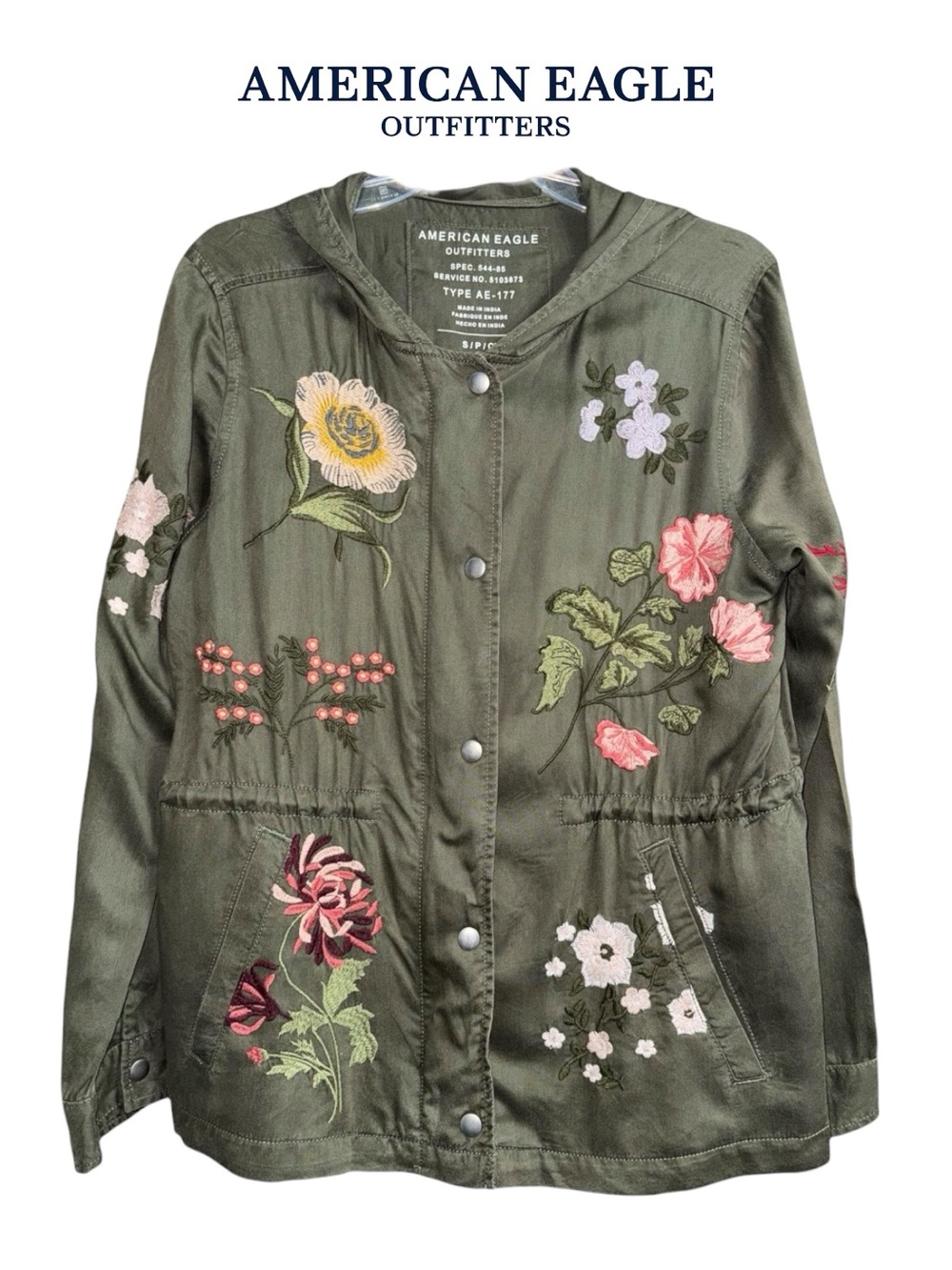 American Eagle Army Green Hooded Utility Jacket, Size X-Small